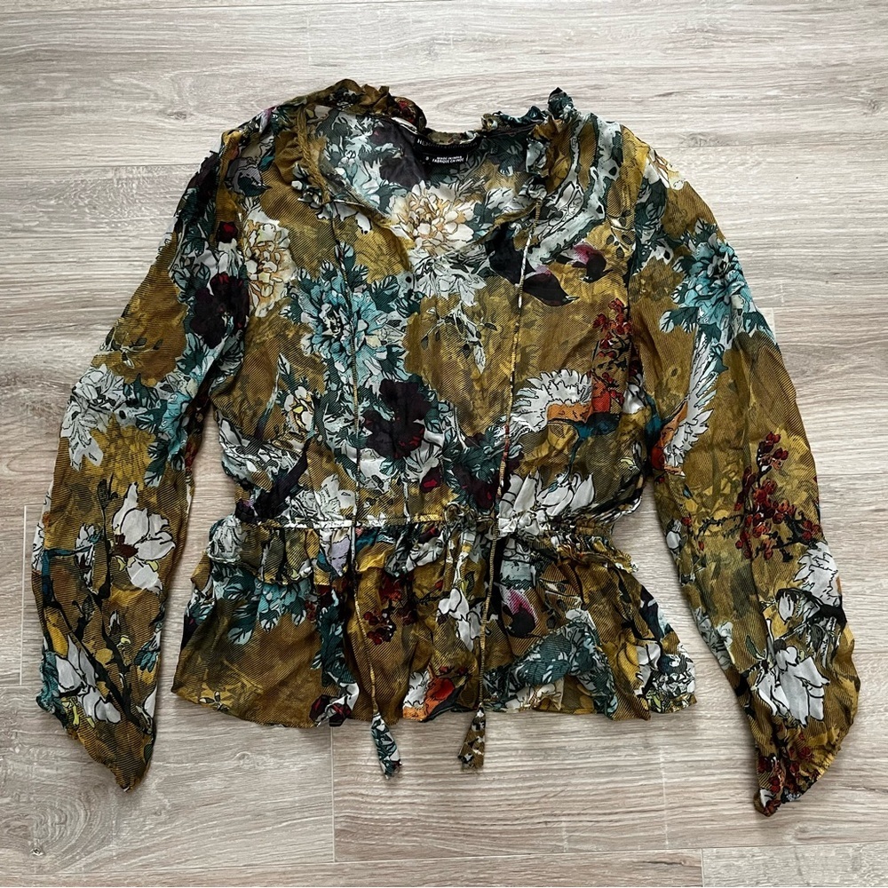 Hemant & Nandita Women’s Blouse Keystone 100% Silk Peplum Ruffle - Size Small - Picture 2 of 7